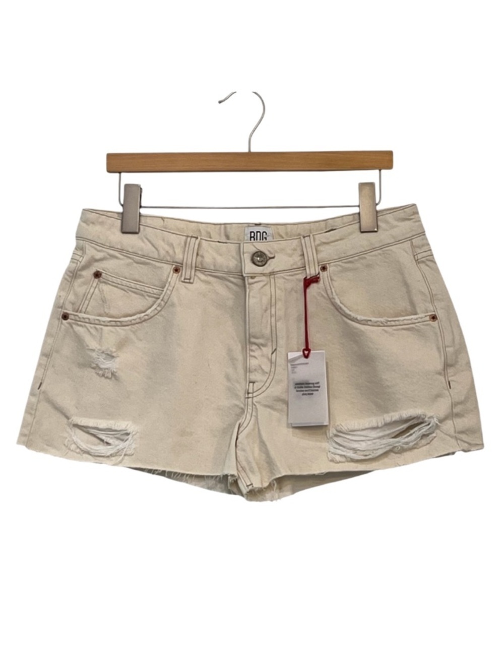 BDG Urban Outfitters Distressed Neutral Cream Denim Shorts Raw Hem Size 31 NWT